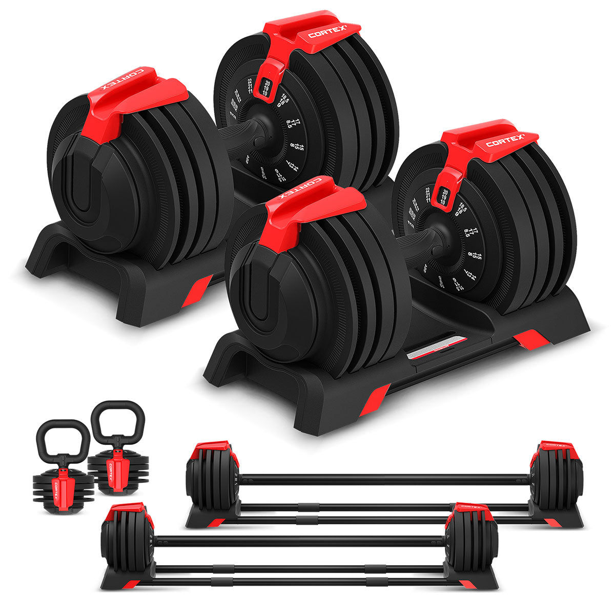 Cortex Revolock V2 48kg Adjustable Dumbbell + Barbell + Kettlebell All-in-One Set (24kg Pair) with Stand