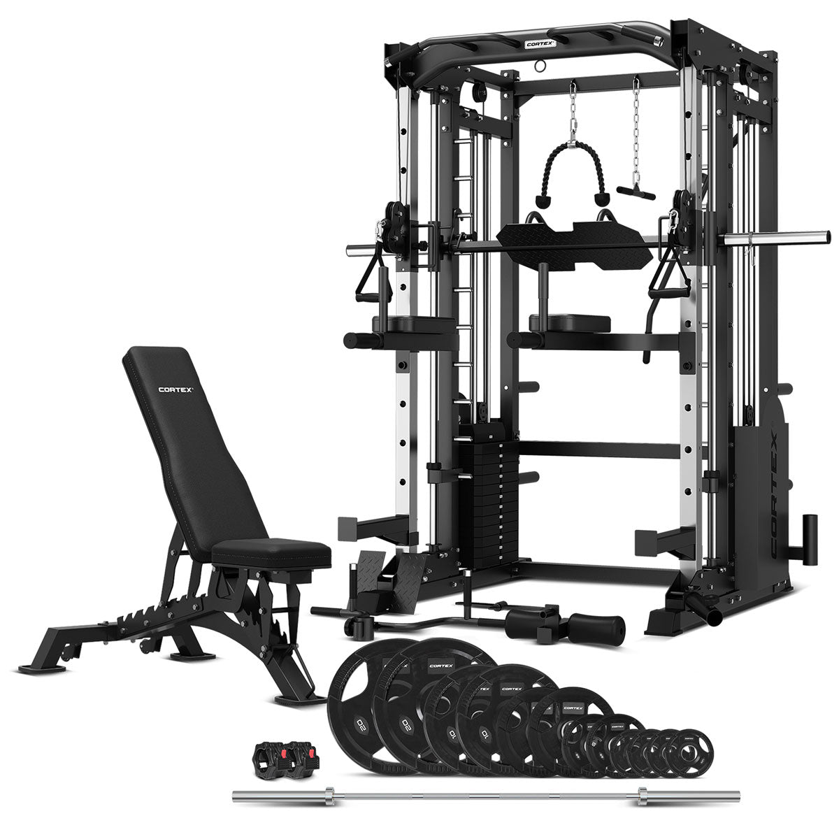 SM-25 6-in-1 Power Rack with Smith & Cable Machine + BN9 Bench + 100kg Olympic Weight Plate & Barbell Package