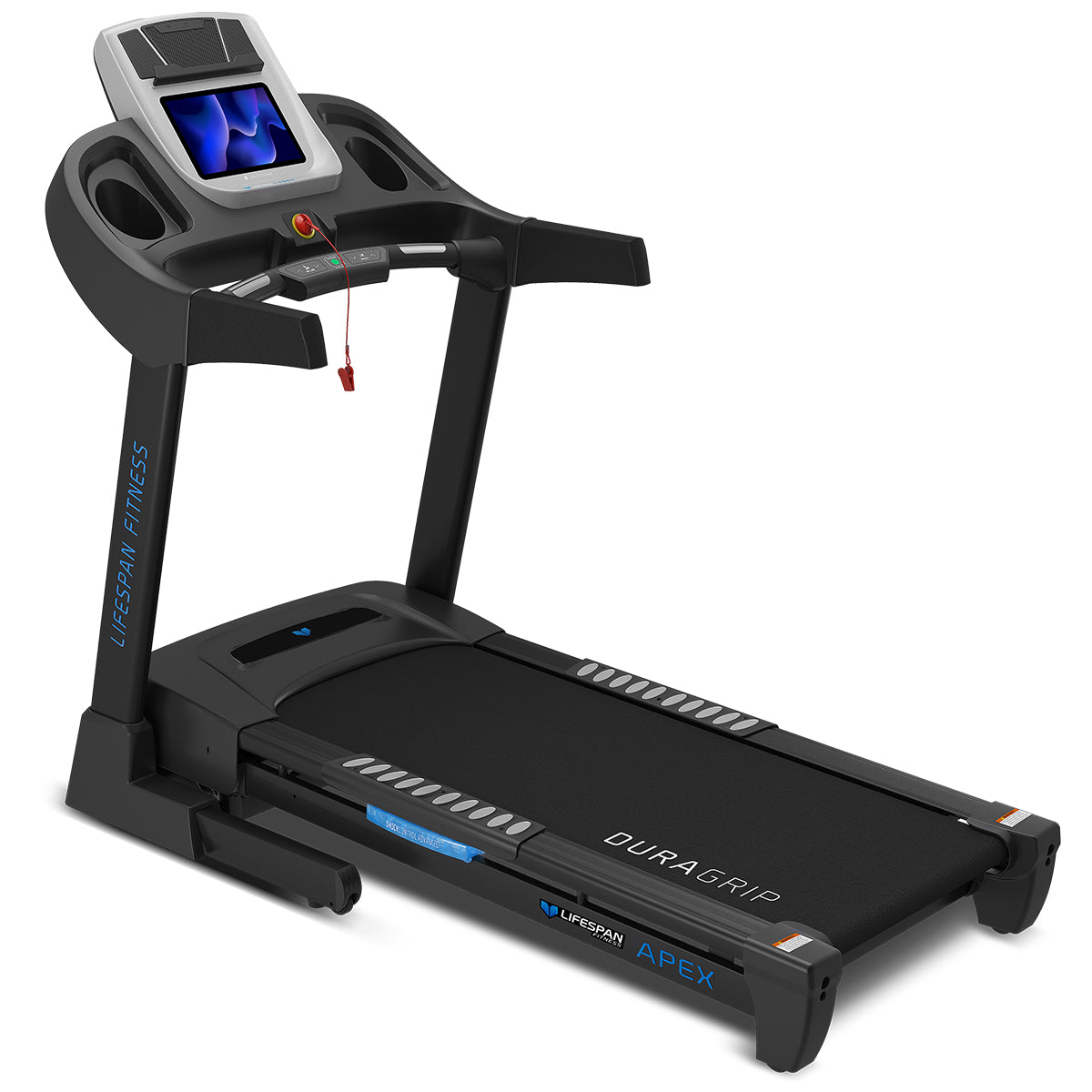 A black Apex Smart Treadmill with a smart HD touchscreen display and blue accents on the frame.
