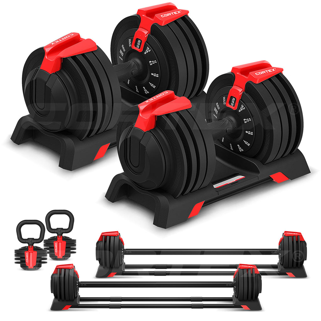 Cortex Revolock V2 48kg Adjustable Dumbbell + Barbell + Kettlebell Set ...