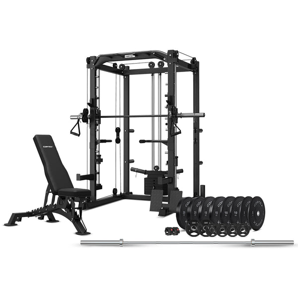 CORTEX SM-20 6-in-1 Power Rack with Smith & Cable Machine + BN-9 Bench + 130kg Olympic Bumper Weight Plate & Barbell Package