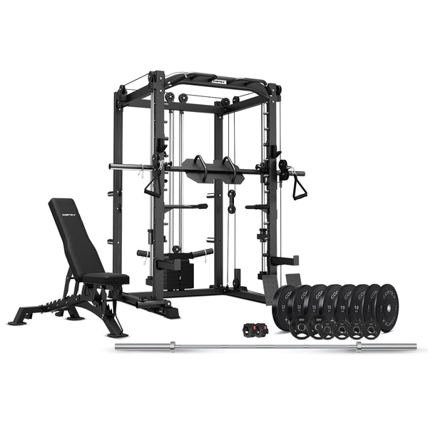 CORTEX SM-20 6-in-1 Power Rack with Smith & Cable Machine + Leg Press Attachment + BN-9 Bench + 130kg Olympic Bumper Weight Plate & Barbell Package