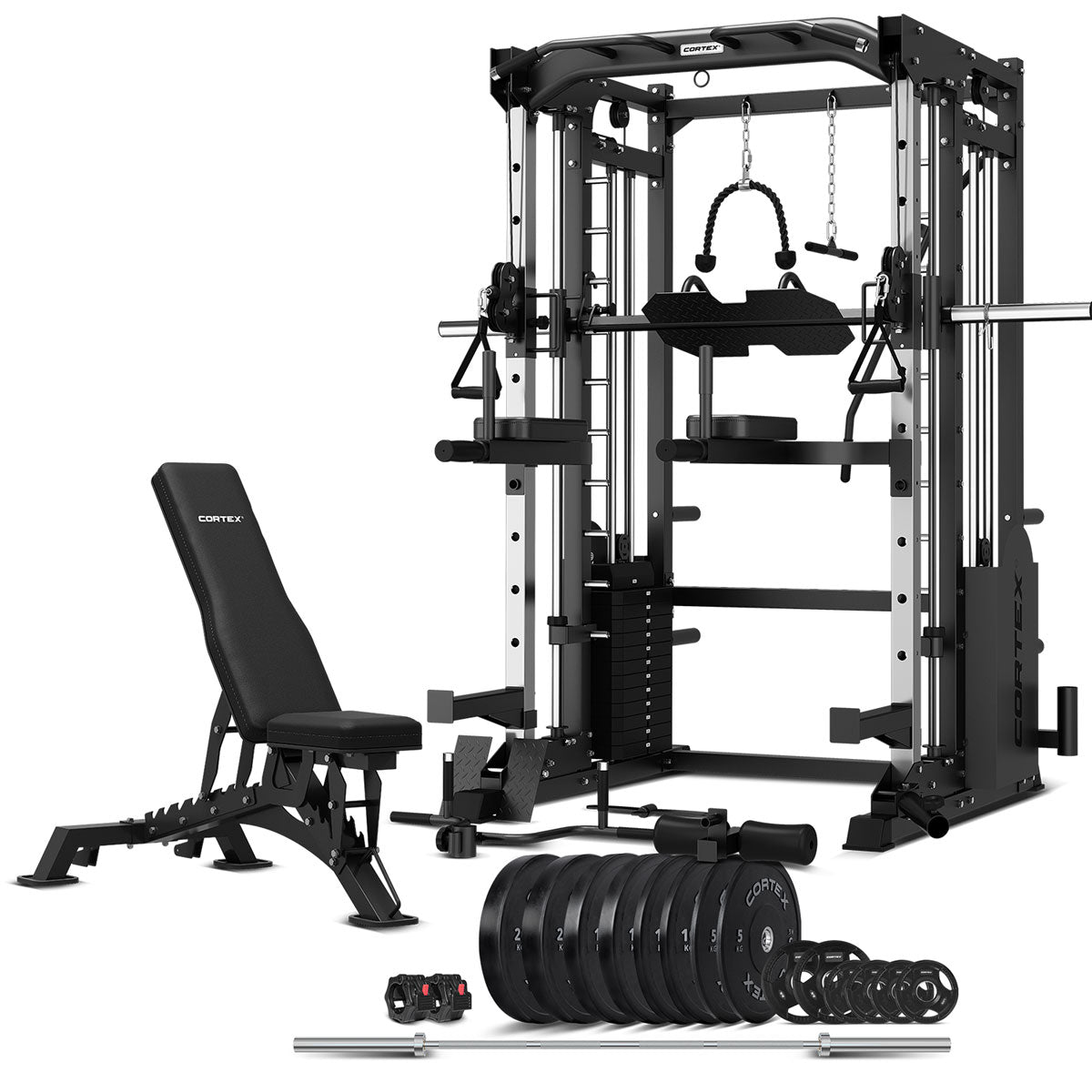 CORTEX SM-25 6-IN-1 POWER RACK WITH SMITH CABLE MACHINE BN-9 BENCH 130KG OLYMPIC BUMPER WEIGHT PLATE BARBELL PACKAGE