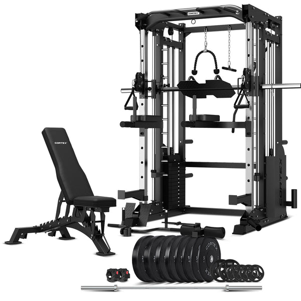 CORTEX SM-25 6-IN-1 POWER RACK WITH SMITH CABLE MACHINE BN-9 BENCH 130KG OLYMPIC BUMPER WEIGHT PLATE BARBELL PACKAGE