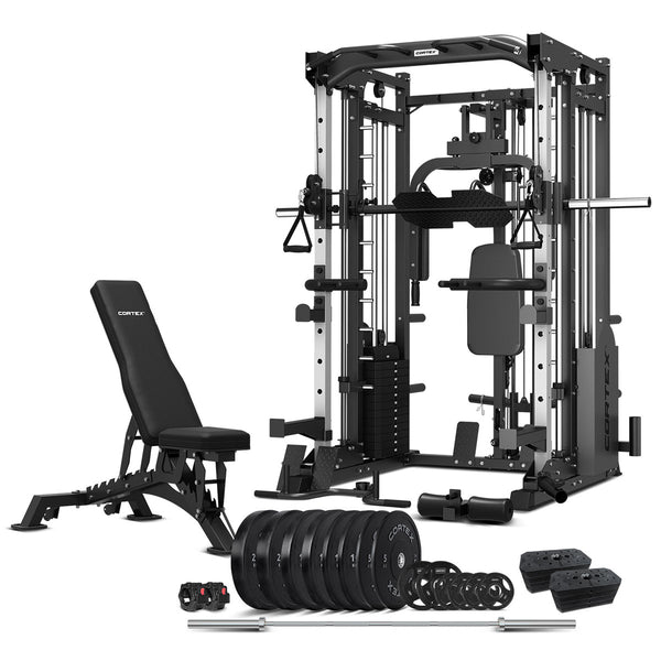 Cortex SM-25 6-In-1 Power Rack with Smith & Cable Machine + BN-9 Bench +  Ultimate Olympic Bumper Weight Plate & Barbell Package