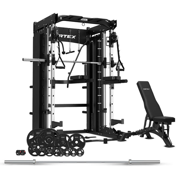 CORTEX SM-26 6-In-1 Power Rack with Smith & Cable Machine + BN-9 Bench + 100Klg Olympic Tri-Grip Weight Plate & Barbell Package