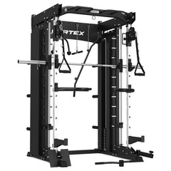 CORTEX SM-26 6-IN-1 POWER RACK WITH DUAL STACK SMITH & CABLE MACHINE + BN-9 BENCH + 100KG OLYMPIC TRI-GRIP WEIGHT PLATE & BARBELL PACKAGE