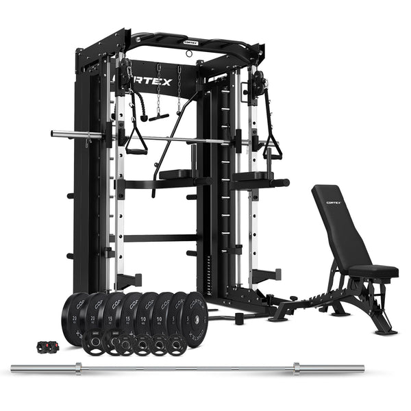CORTEX SM-26 6-in-1 Power Rack with Dual Stack Smith & Cable Machine + BN9 Bench + 130kg Olympic Weight Plate & Barbell Package