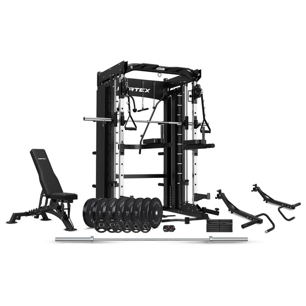 CORTEX SM-26 6-in-1 Power Rack with Dual Stack Smith & Cable Machine + Jammer Arms + 2x 30kg Weights Add On + BN-9 Bench + Ultimate Olympic Bumper Weight Plate & Barbell Package