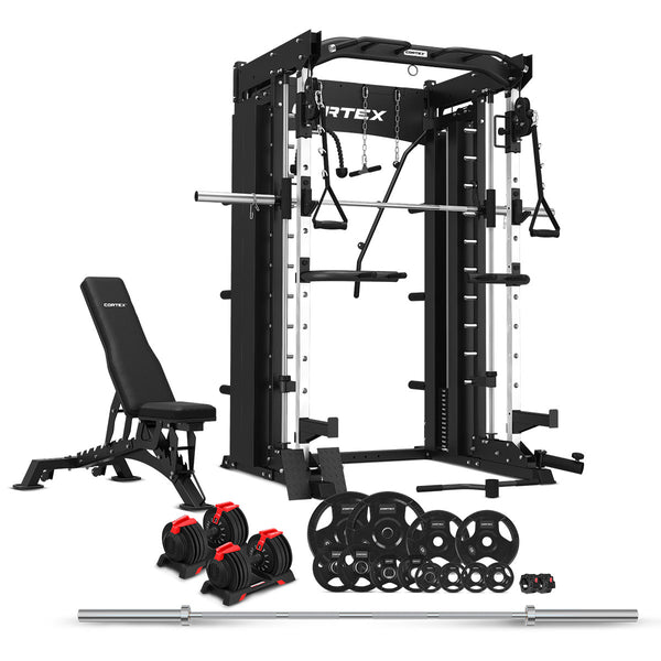 CORTEX SM-26 6-in-1 Power Rack with Dual Stack Smith & Cable Machine with 48kg Revolock V2 Adjustable Dumbbells + 100kg Essentials Package