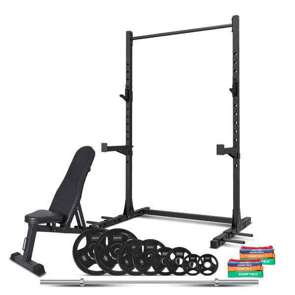CORTEX SR-3 Squat Rack + BN-6 Bench +  95kg Olympic Weight Plate & Barbell Package + Resistance Bands