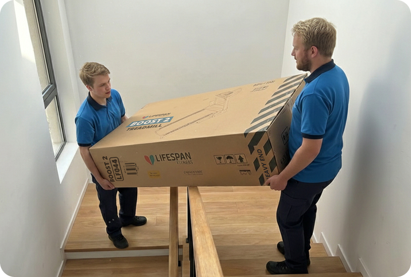 Two men carrying a Lifespan Boost 2 treadmill box up the stairs.