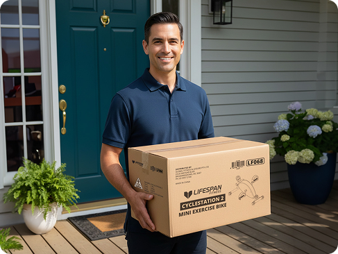 box of Lifespan Cyclestation 2 mini exercise bike delivered to a home